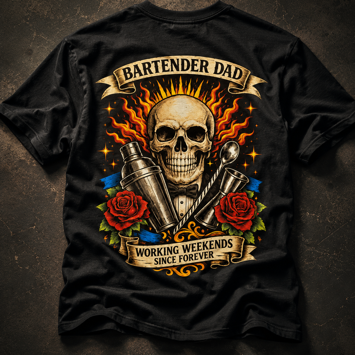 Black t-shirt with a skull design and text on a dark background
