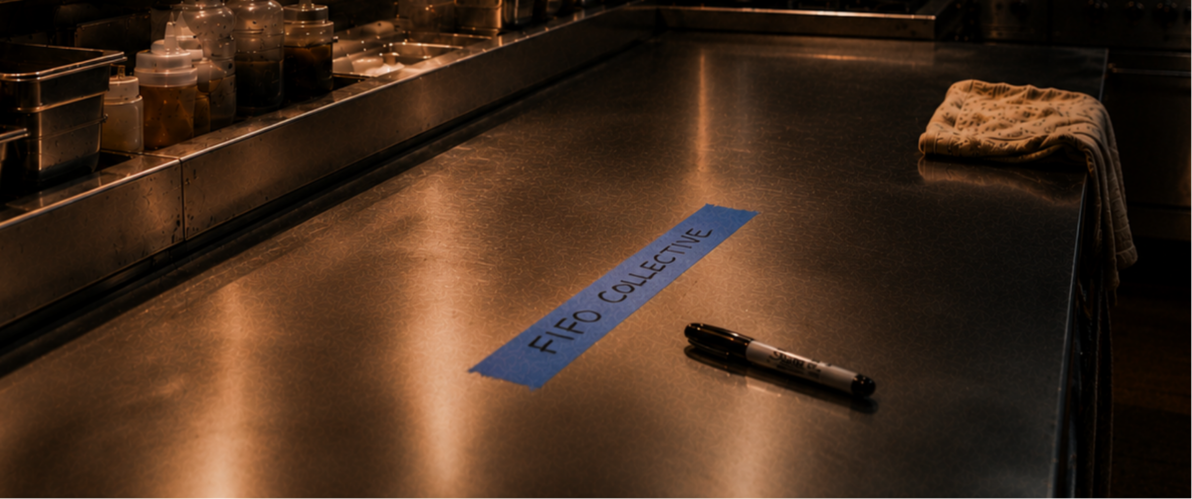 A stainless steel kitchen or bar counter with a blue tape strip reading 'FIFO COLLECTIVE' and a black marker, with a folded cloth on the right and blurred bottles in the background.