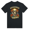Black t-shirt with a skull and cocktail-themed design on a white background