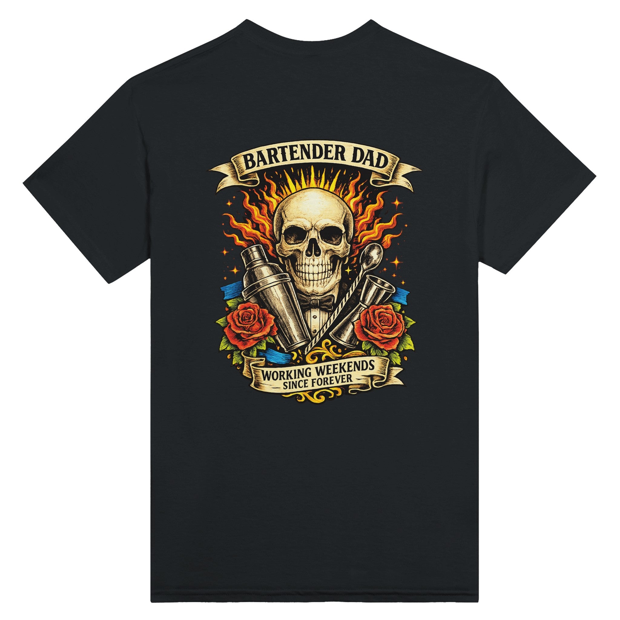 Black t-shirt with a skull and cocktail-themed design on a white background