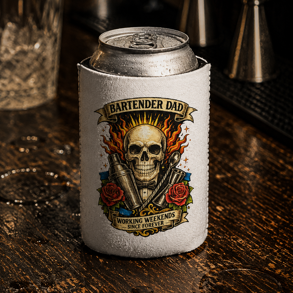 Can cooler with skull design and 'Bartender Dad' text on a wooden surface