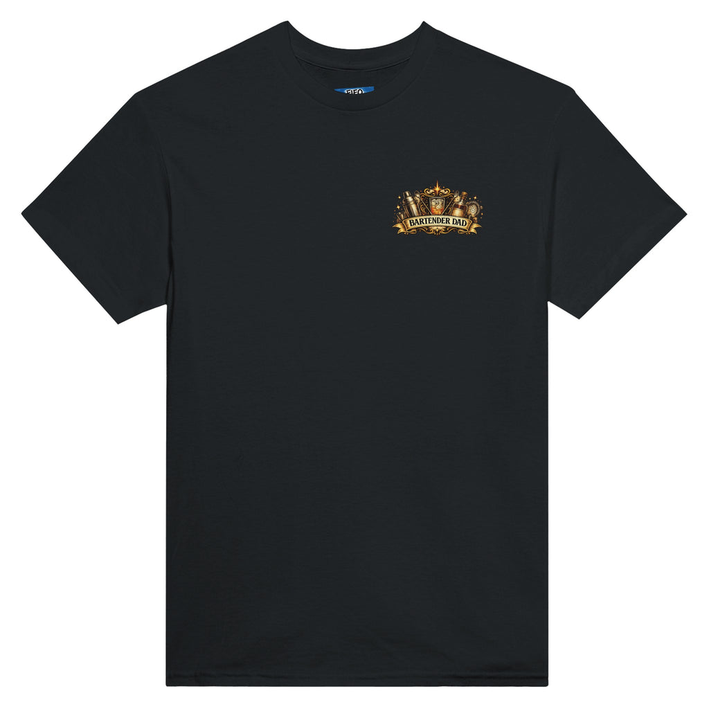 Black t-shirt with a gold and white logo on a white background
