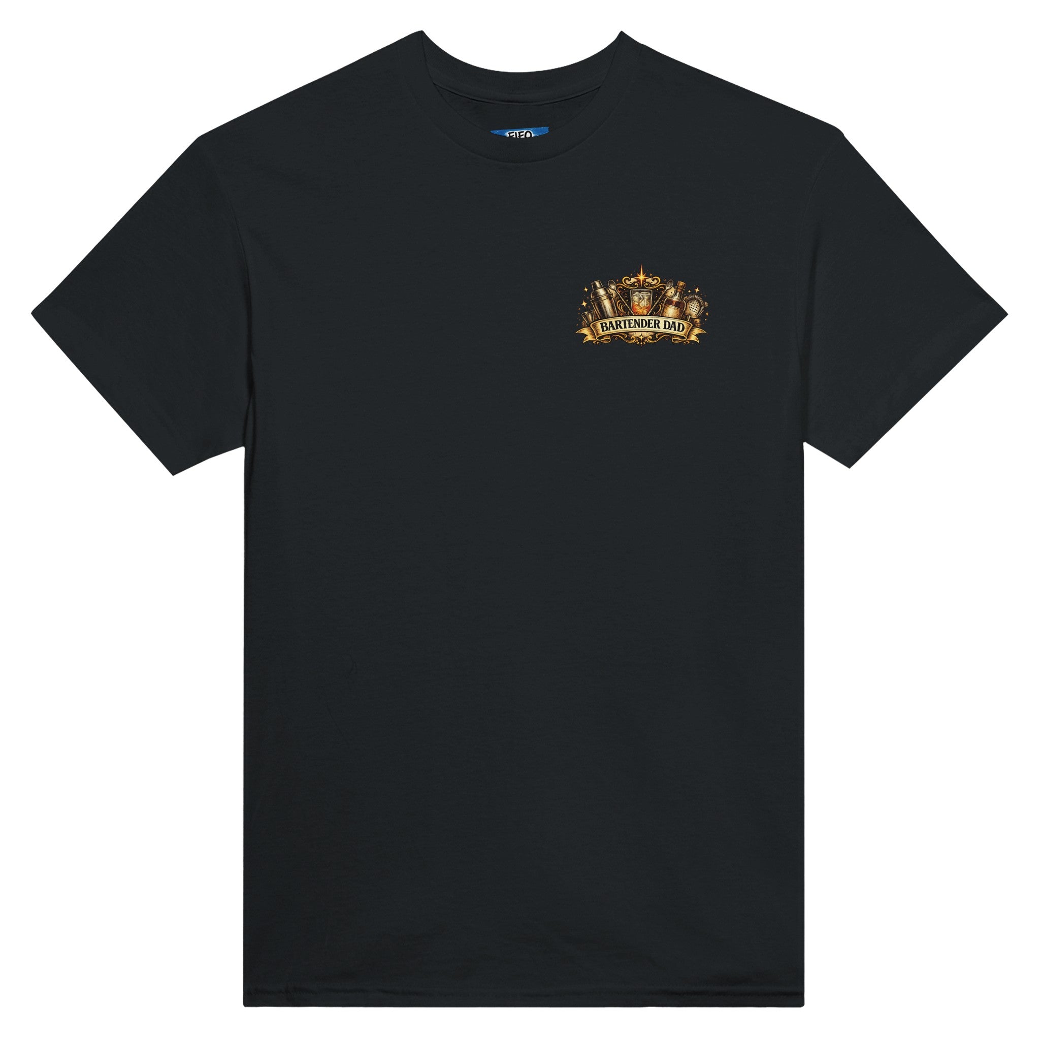 Black t-shirt with a gold and white logo on a white background