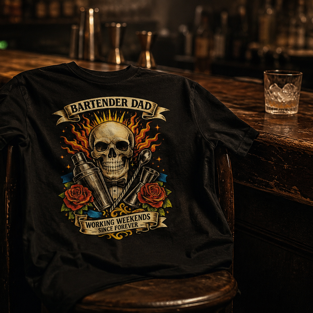 Black t-shirt with a skull design and text on a bar counter