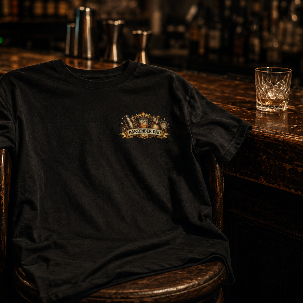 Black t-shirt with a logo on a wooden stool in a bar setting