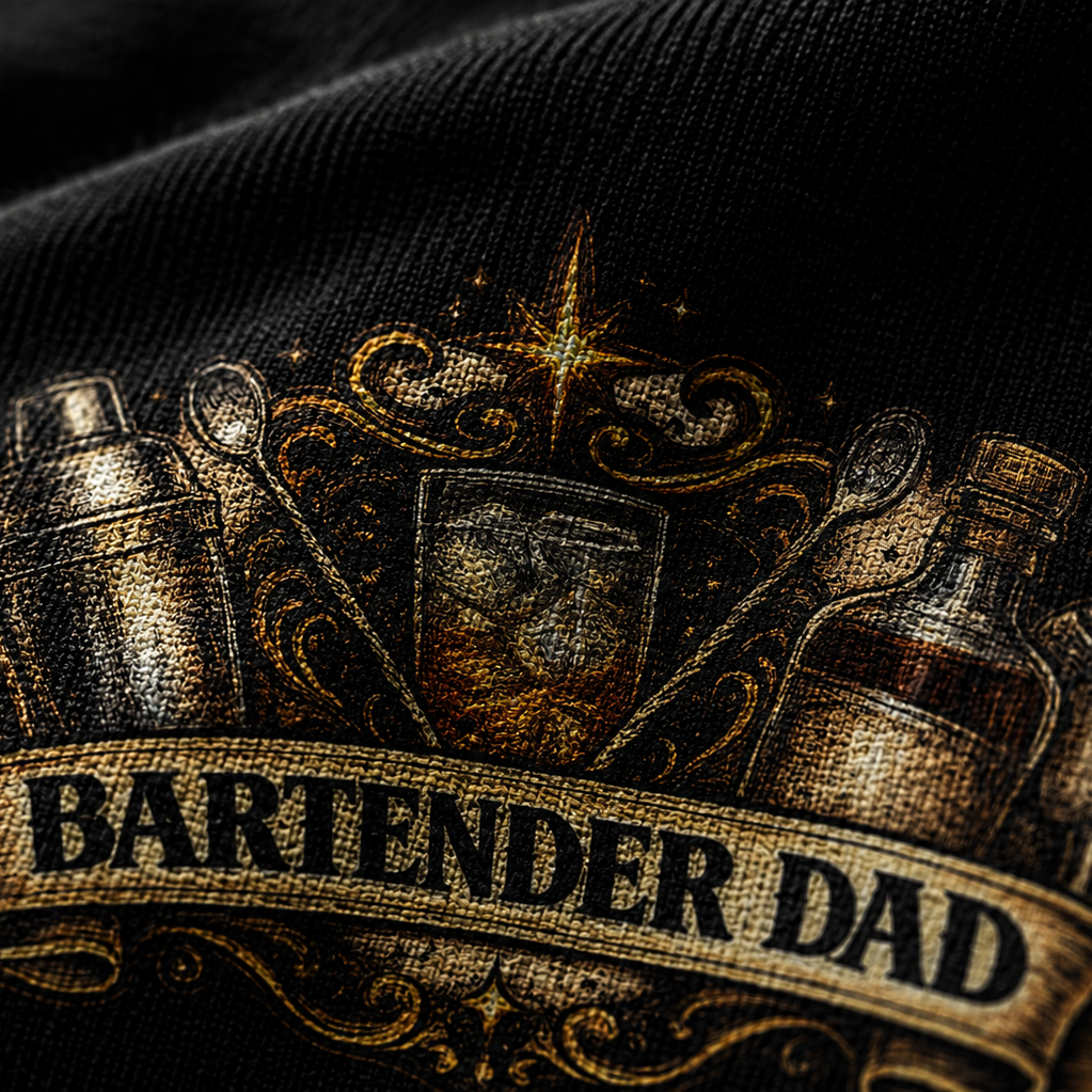 Embroidered patch with cocktail shaker, bottles, and shield design on black fabric, featuring 'Bartender Dad' text.