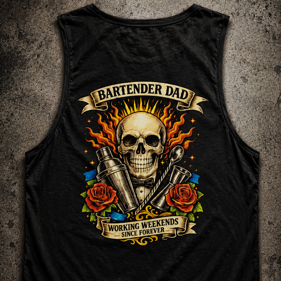Black tank top with a skull and roses design on a textured surface