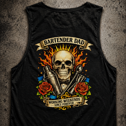 Black tank top with a skull and roses design on a textured surface