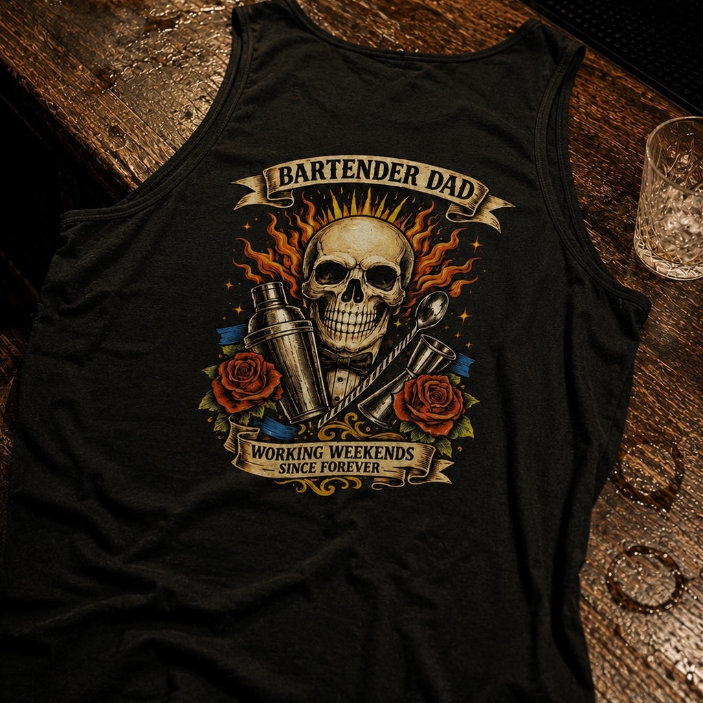 Black tank top with 'Bartender Dad' graphic on a wooden surface
