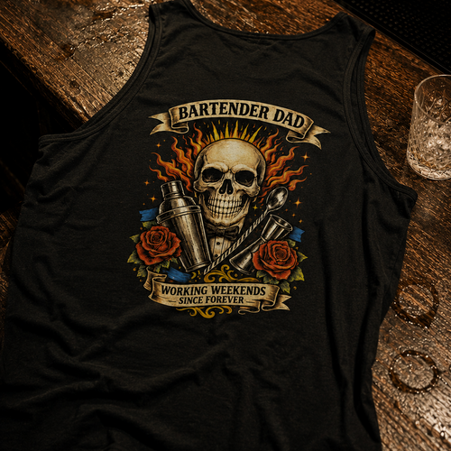Black tank top with 'Bartender Dad' graphic on a wooden surface