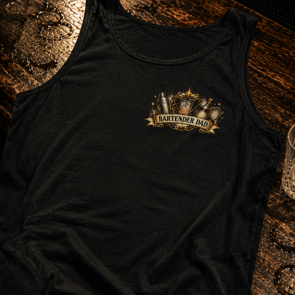 Black tank top with a logo on a wooden bar surface