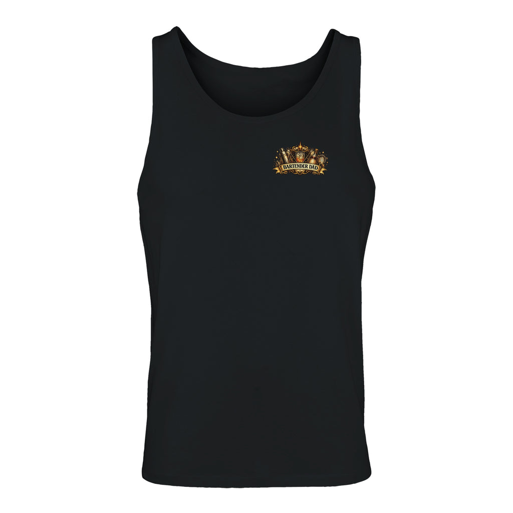 Black tank top with a logo on the chest against a white background
