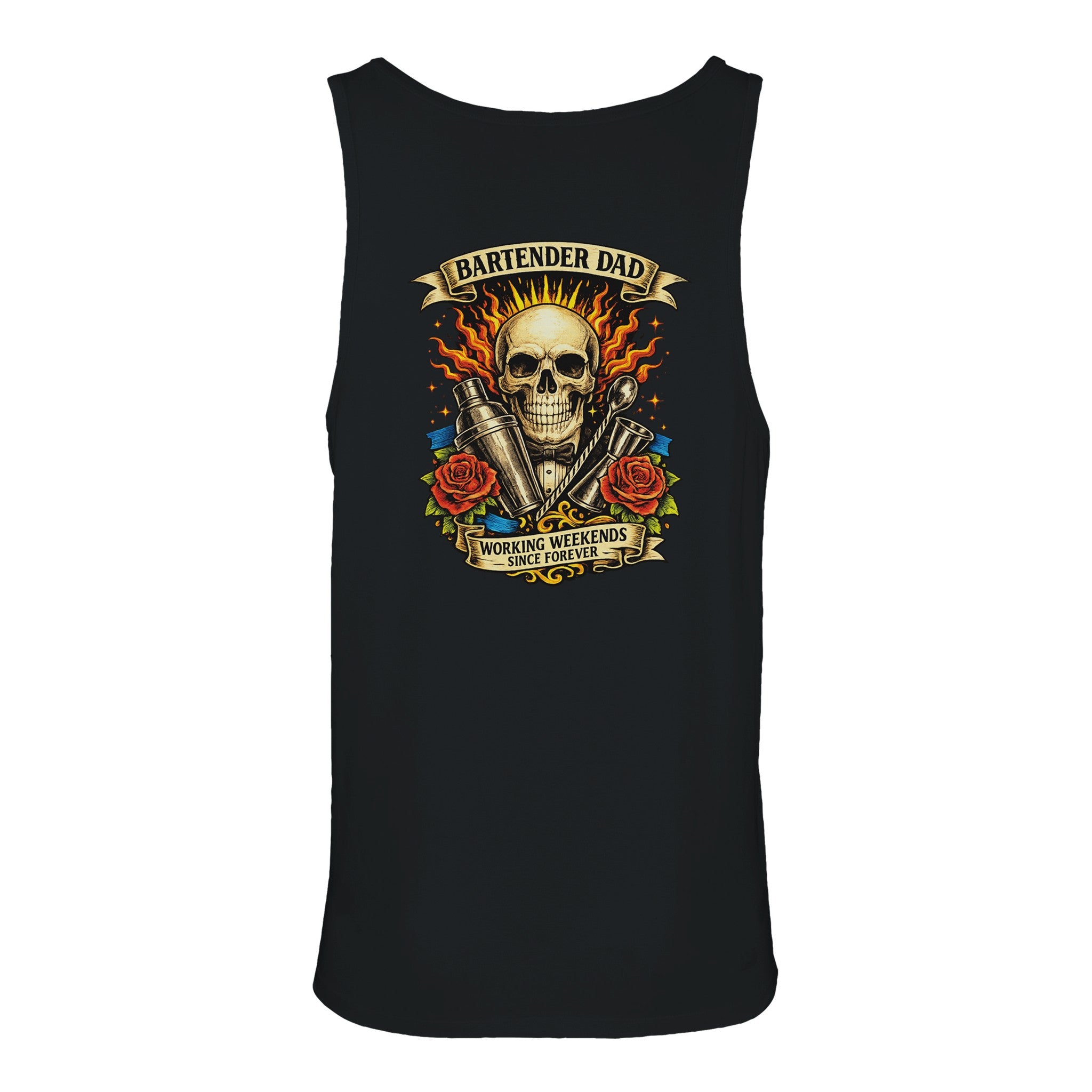 Black tank top with a skull and cocktail-themed graphic on a white background