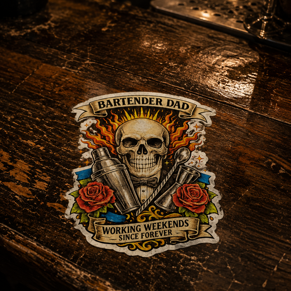 Sticker with skull design and text on a wooden surface