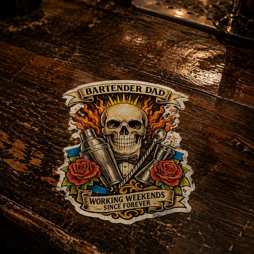Sticker with skull design and text on a wooden surface
