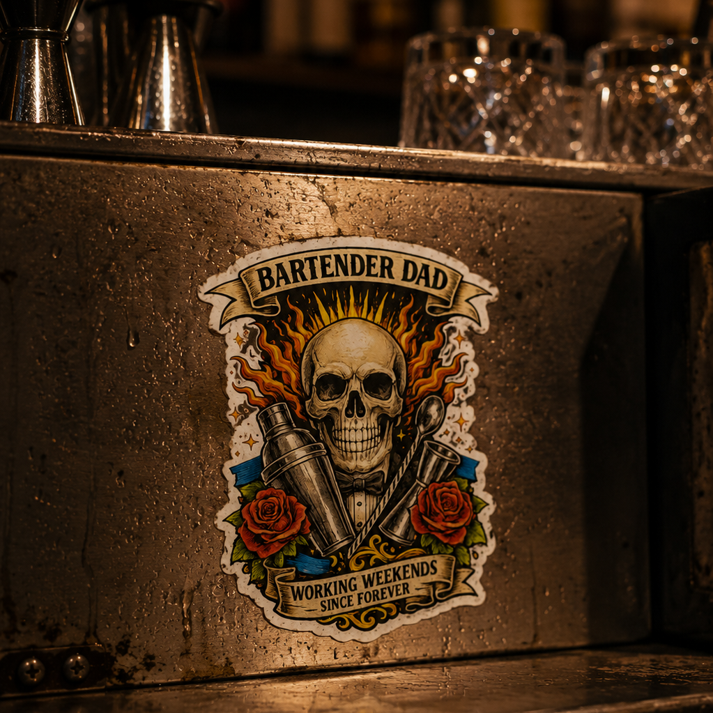Metallic surface with a 'Bartender Dad' sticker featuring a skull and roses on a bar background.