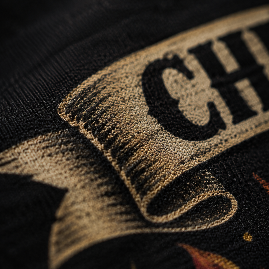 Close-up of a textured patch with 'CHEF DAD' branding on a dark background