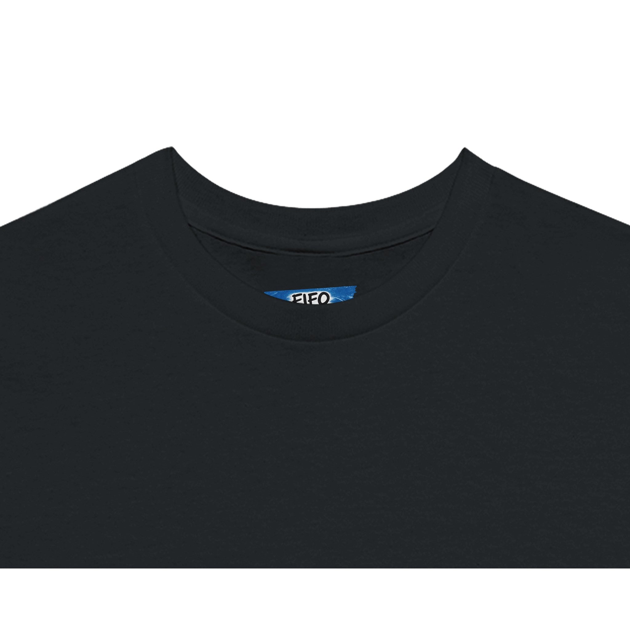 Black t-shirt with a white logo on the collar against a white background