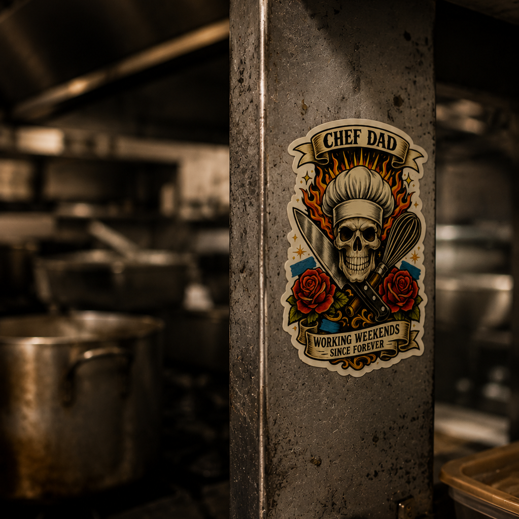 Sticker on a metal surface in a kitchen setting