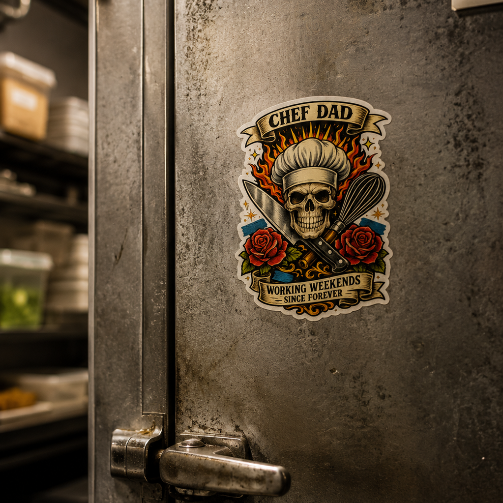 Metal refrigerator with a 'Chef Dad' sticker featuring a skull and roses.