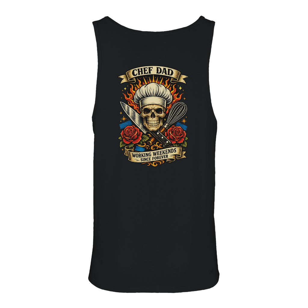 Black tank top with a skull and chef hat design on a white background
