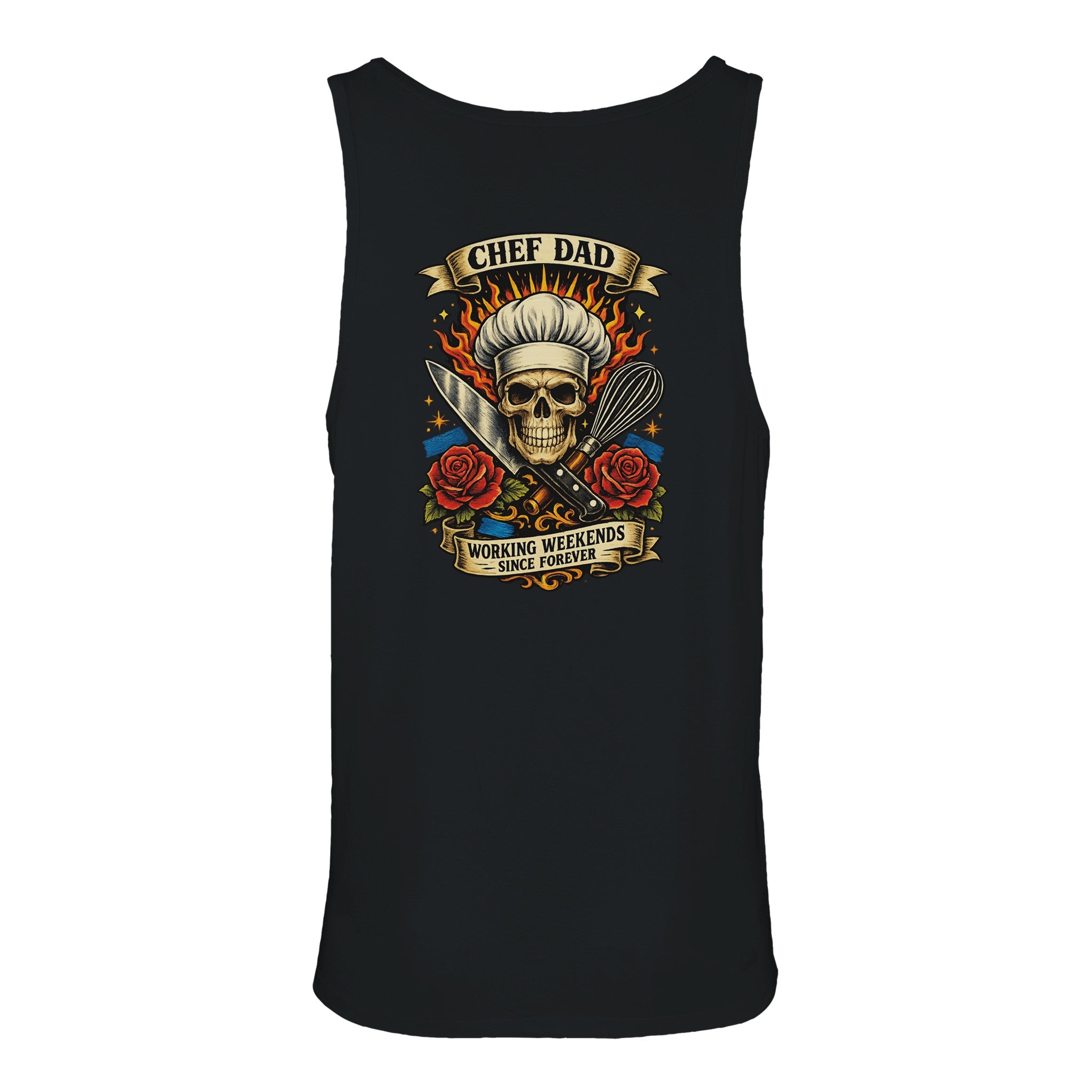 Black tank top with a skull and chef hat design on a white background