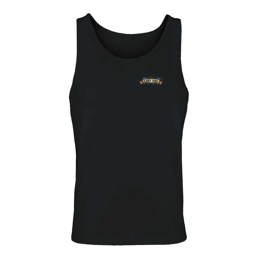 Black tank top with a logo on the chest against a white background
