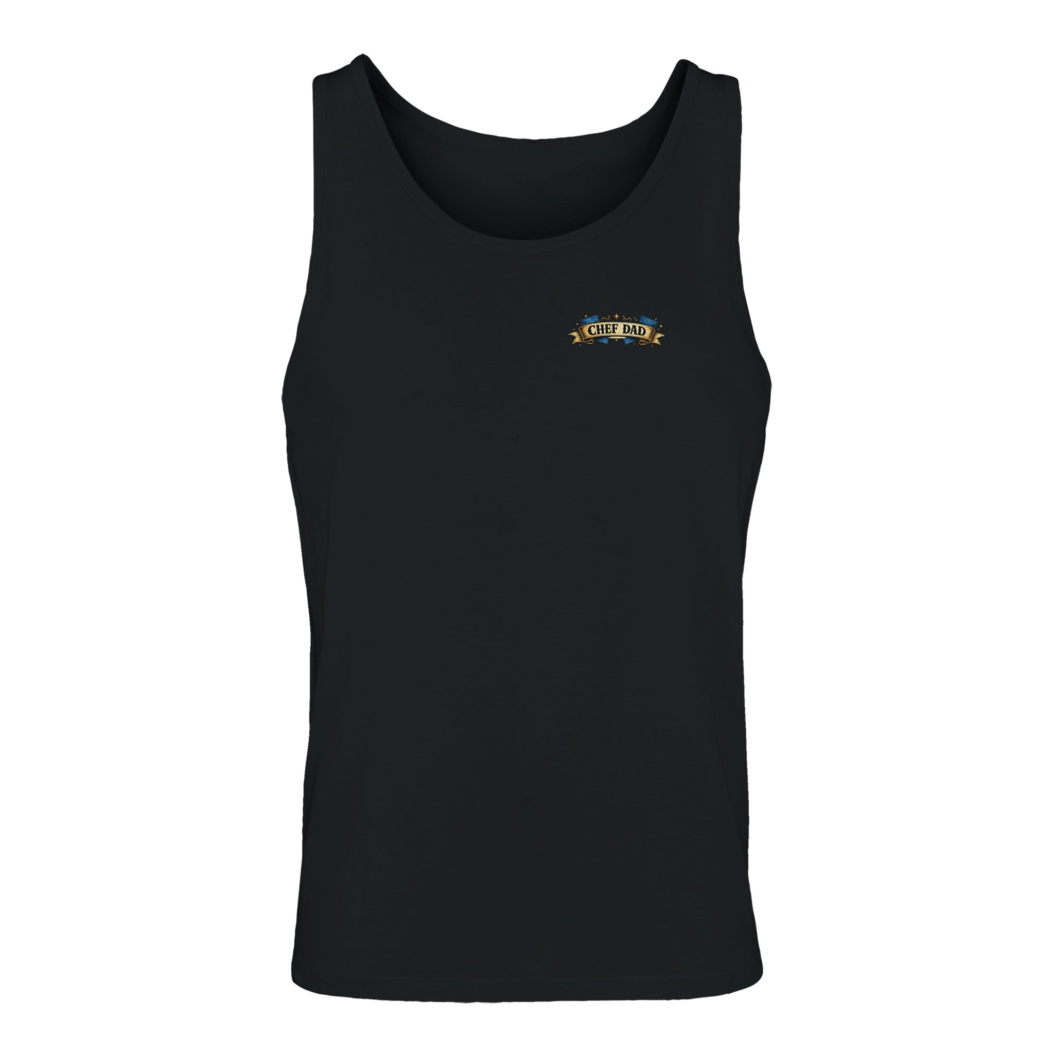 Black tank top with a logo on the chest against a white background