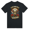 Black t-shirt with a skull wearing a chef's hat and roses, text 'Chef Dad Working Weekends Since Forever' on a white background.