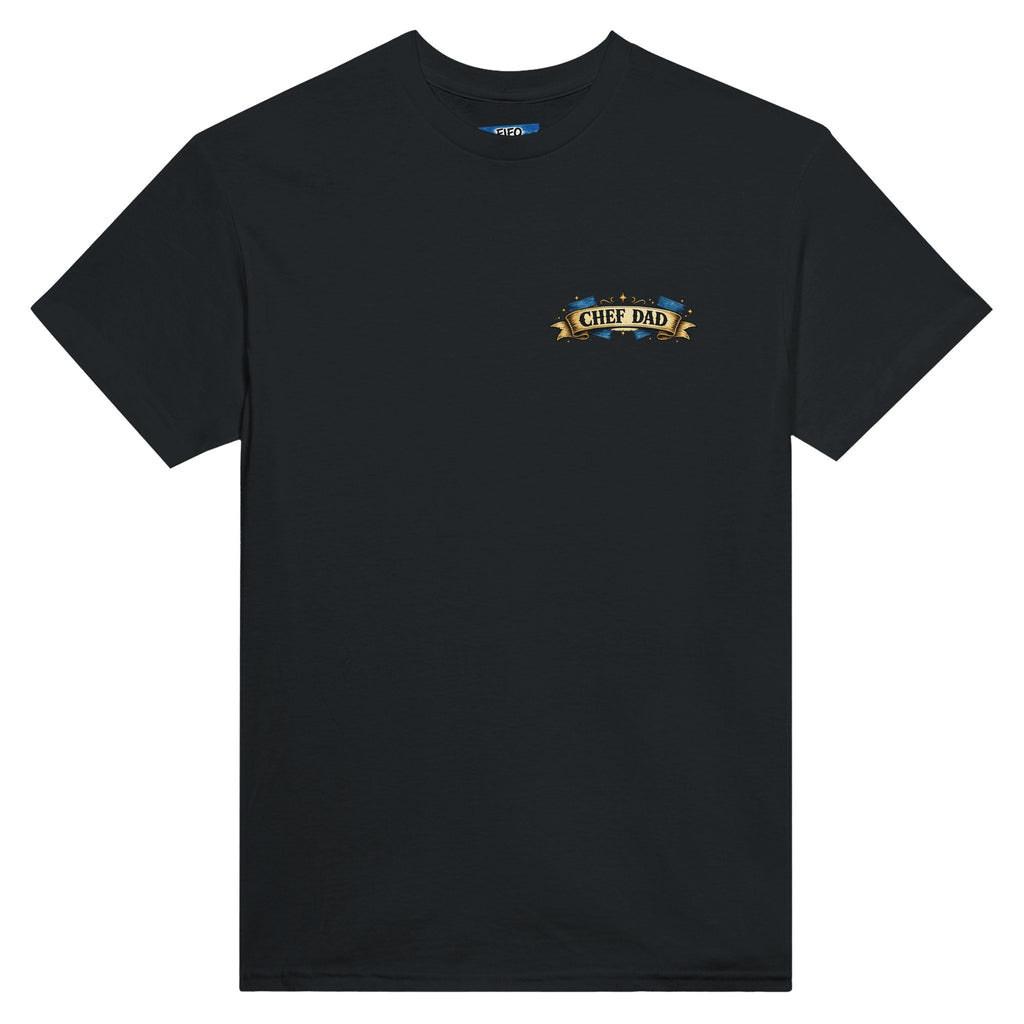 Black t-shirt with 'CHEF DAD' text on a white background