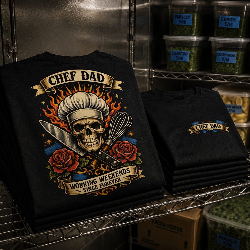 Black t-shirt with skull and chef hat design on a metal shelf with food items in the background