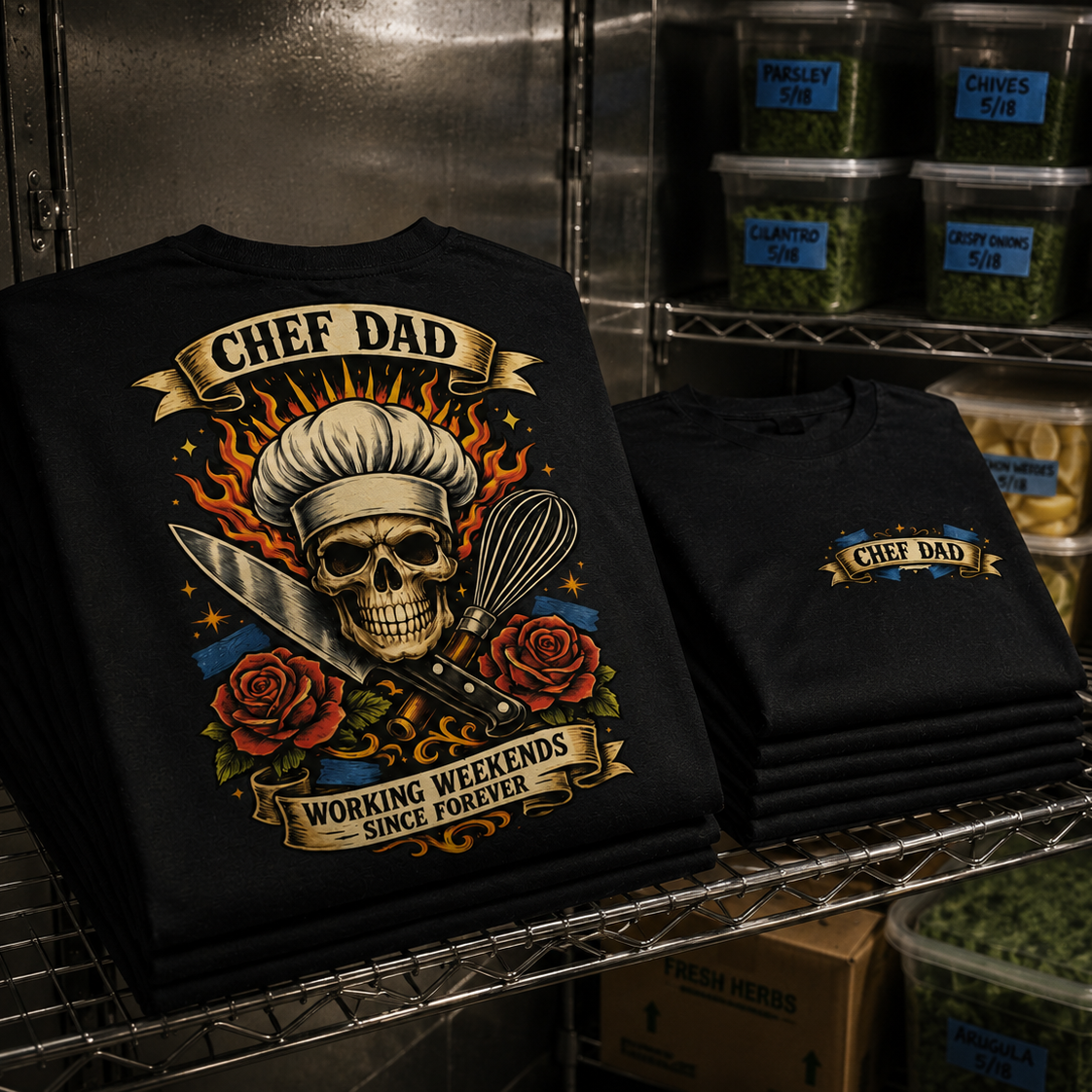 Black t-shirt with skull and chef hat design on a metal shelf with food items in the background
