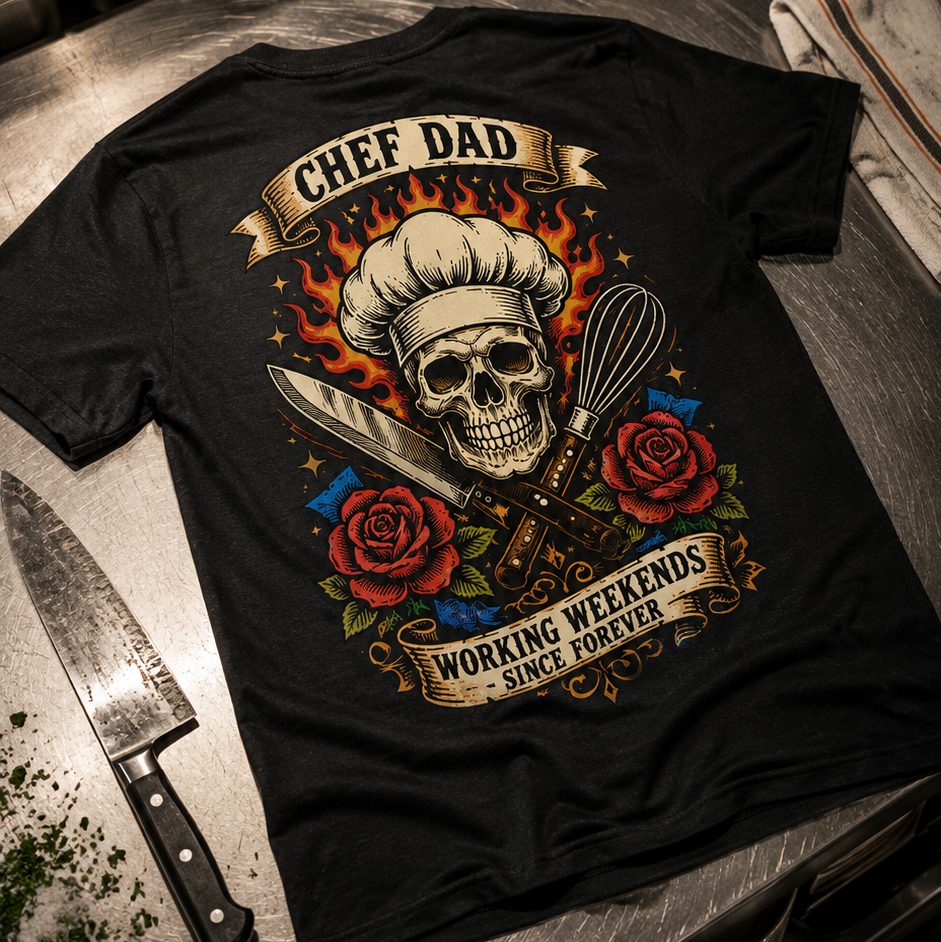 Black t-shirt with skull design and text on a kitchen counter