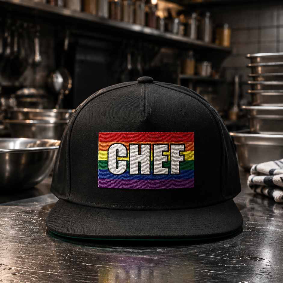 Black cap with rainbow 'CHEF' logo on a metallic kitchen counter