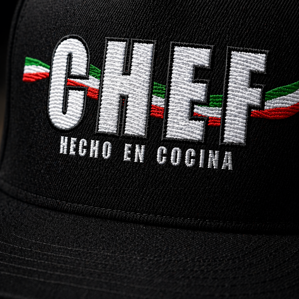 Black cap with 'CHEF HECHO EN COCINA' text and color bars on a dark background