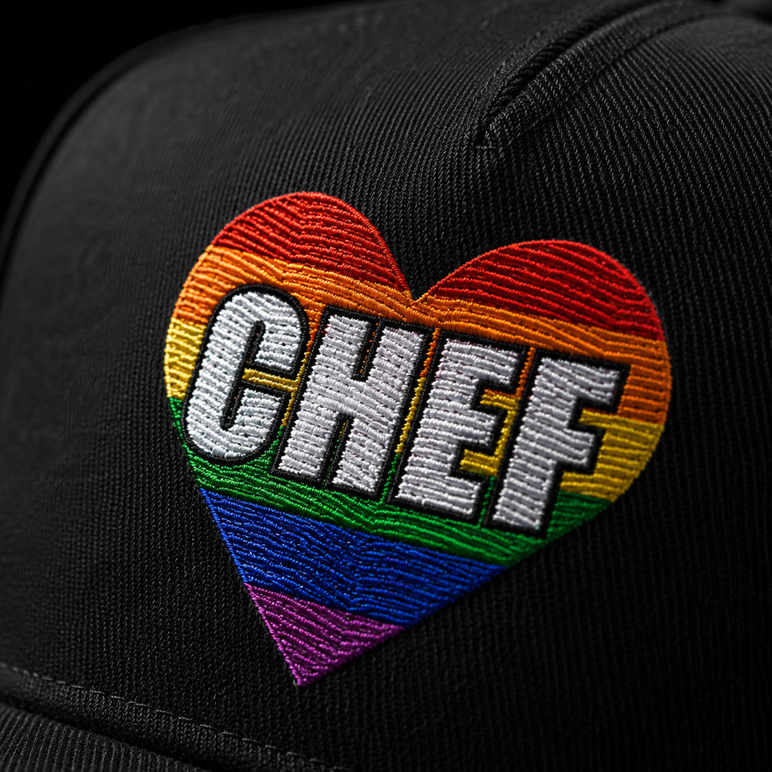 LGBTQ chef snapback hat rainbow heart embroidered pride cap kitchen streetwear closeup