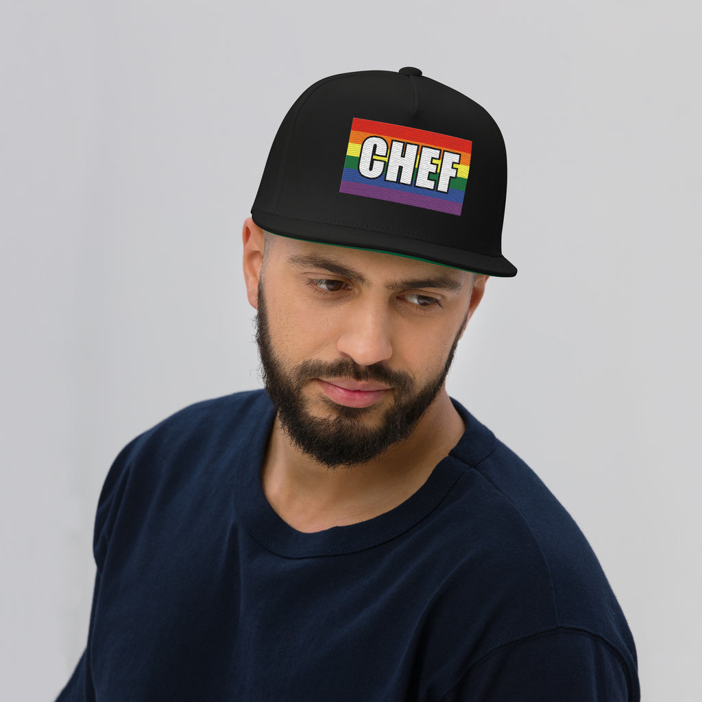 LGBTQ Chef embroidered pride flag cap on a model