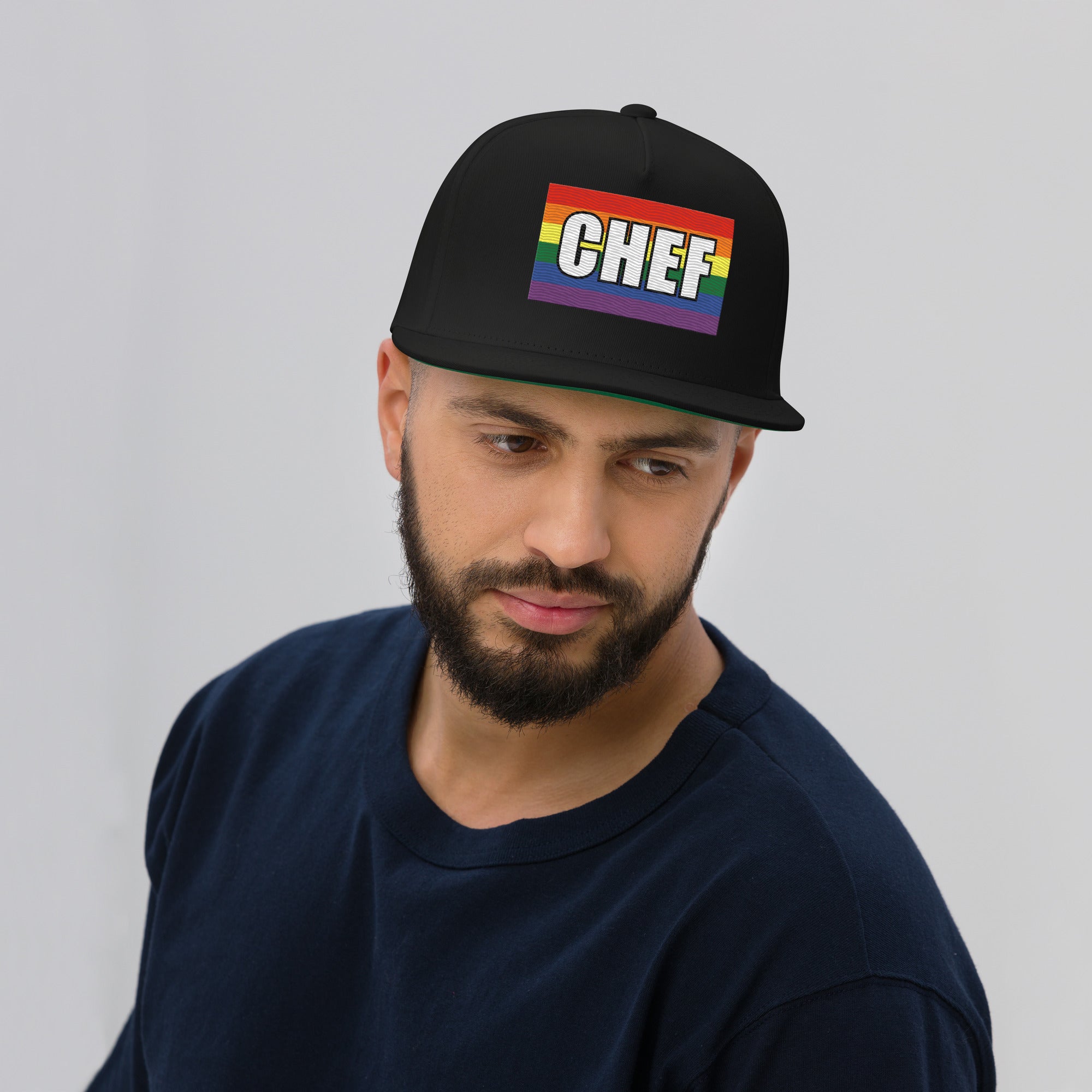 LGBTQ Chef embroidered pride flag cap on a model
