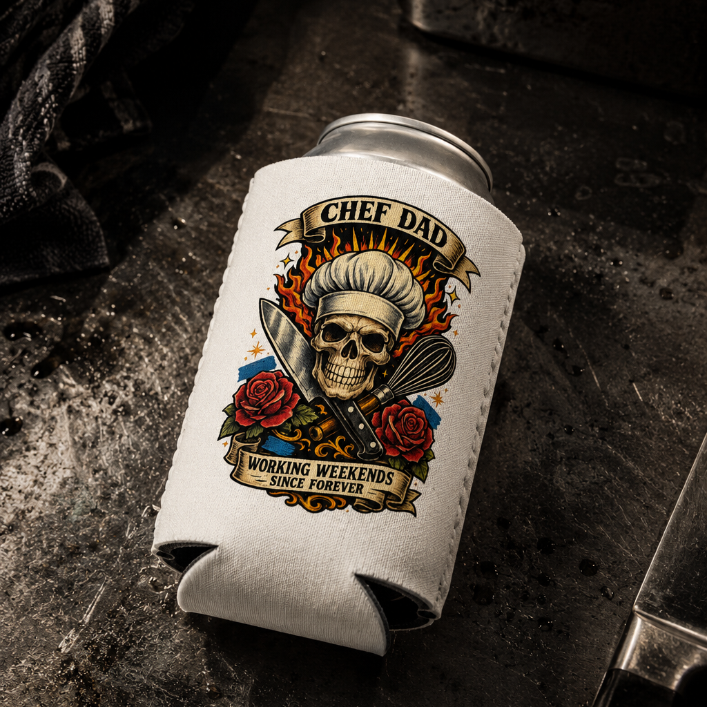 Can cooler with skull design and text on a dark surface