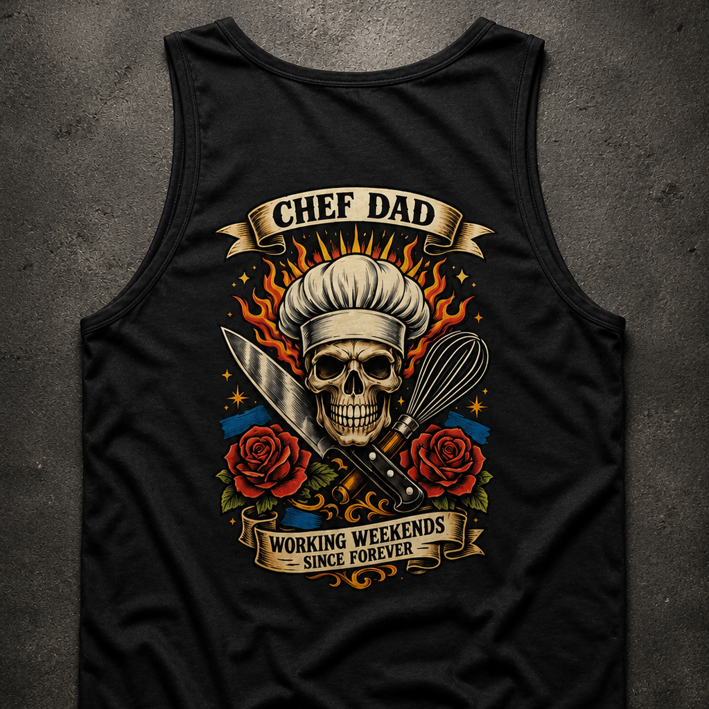 Black tank top with skull and chef hat design on a dark background