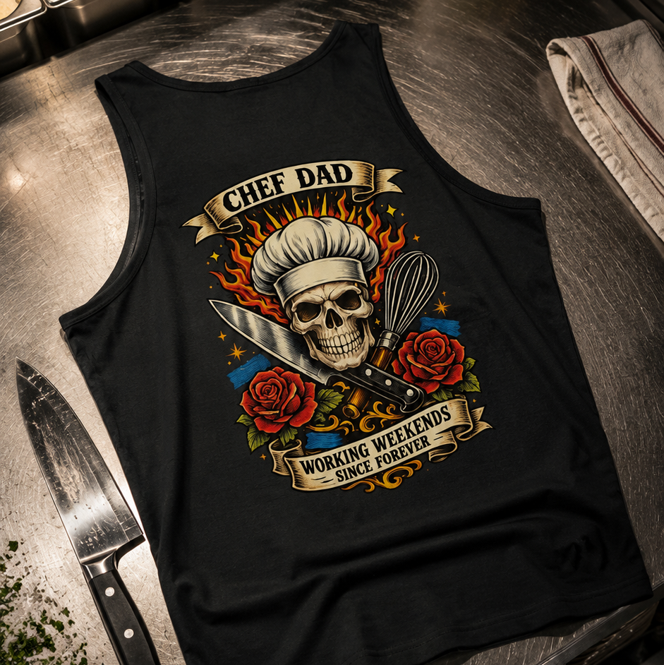 Black tank top with skull design on a kitchen counter