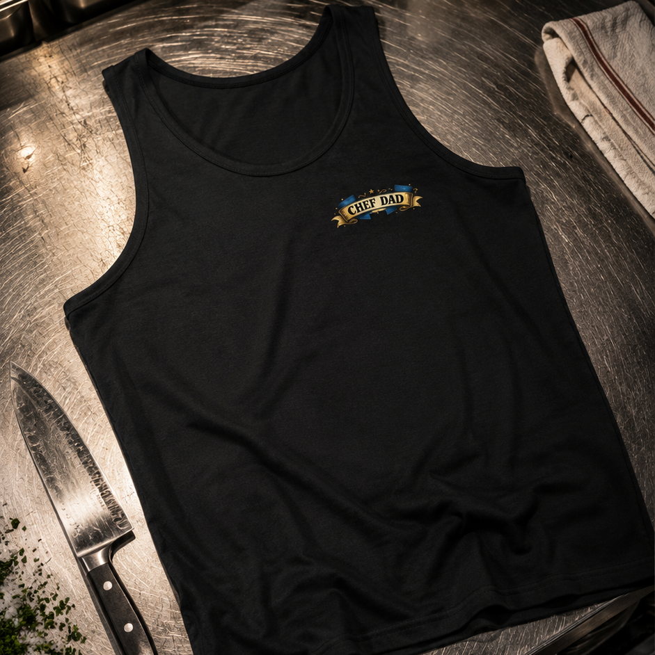 Black tank top with a logo on a wooden counter with kitchen items.