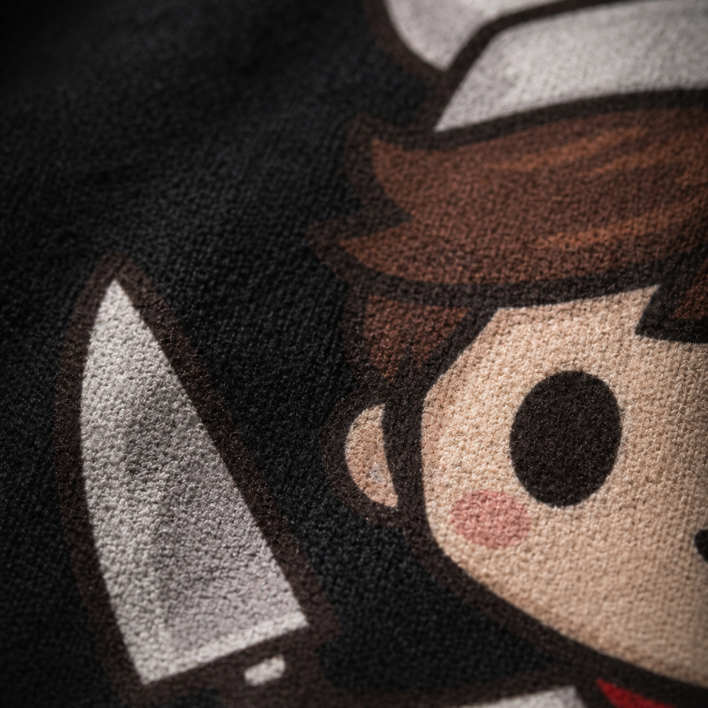 Close-up of a cartoon character with a chef's hat and knife on a dark background