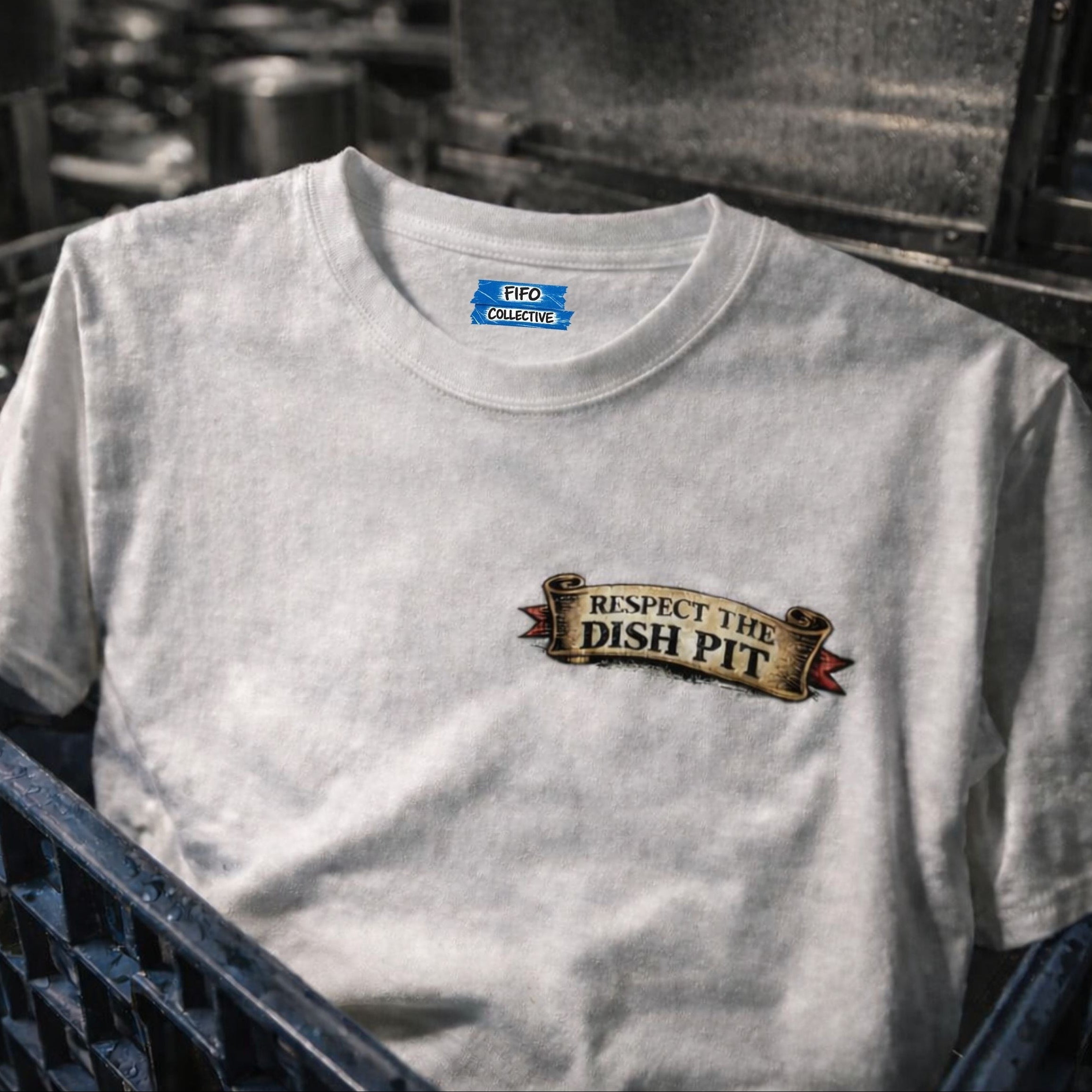 White t-shirt with 'Respect the Dish Pit' graphic on a black background