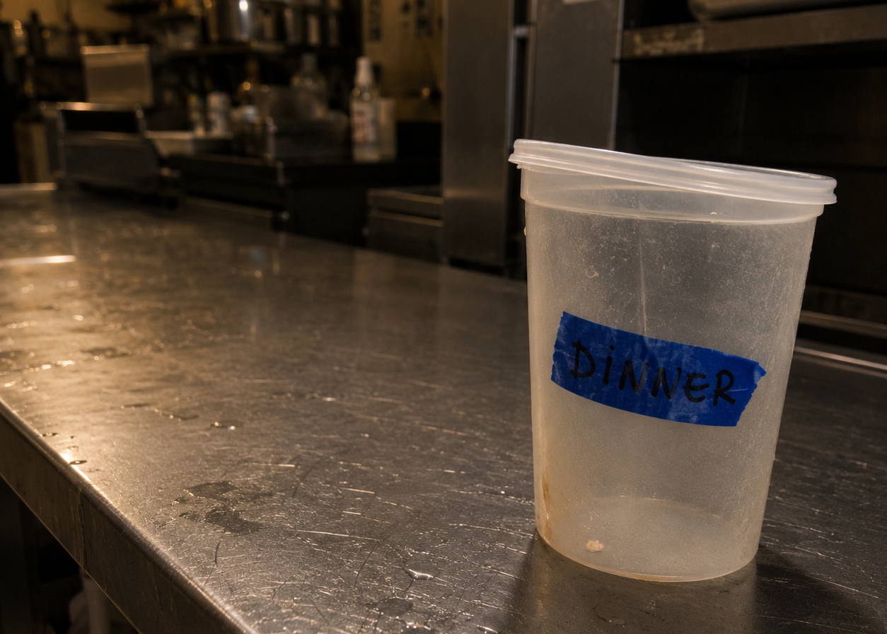 A translucent plastic cup with a clear lid sits on a stainless steel counter in a restaurant kitchen. A blue tape label on the cup is handwritten with the word 'DINNER'.