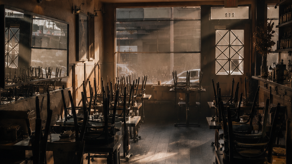 A dimly lit restaurant or cafe interior with rows of dark wooden chairs and tables arranged along a long aisle, with warm sunlight streaming in from large windows in the background.