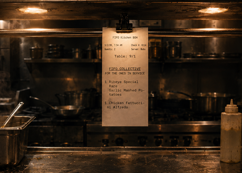 A dimly lit, gritty commercial kitchen scene with stainless steel counters, pots, and a handwritten paper menu or sign hanging in the center.