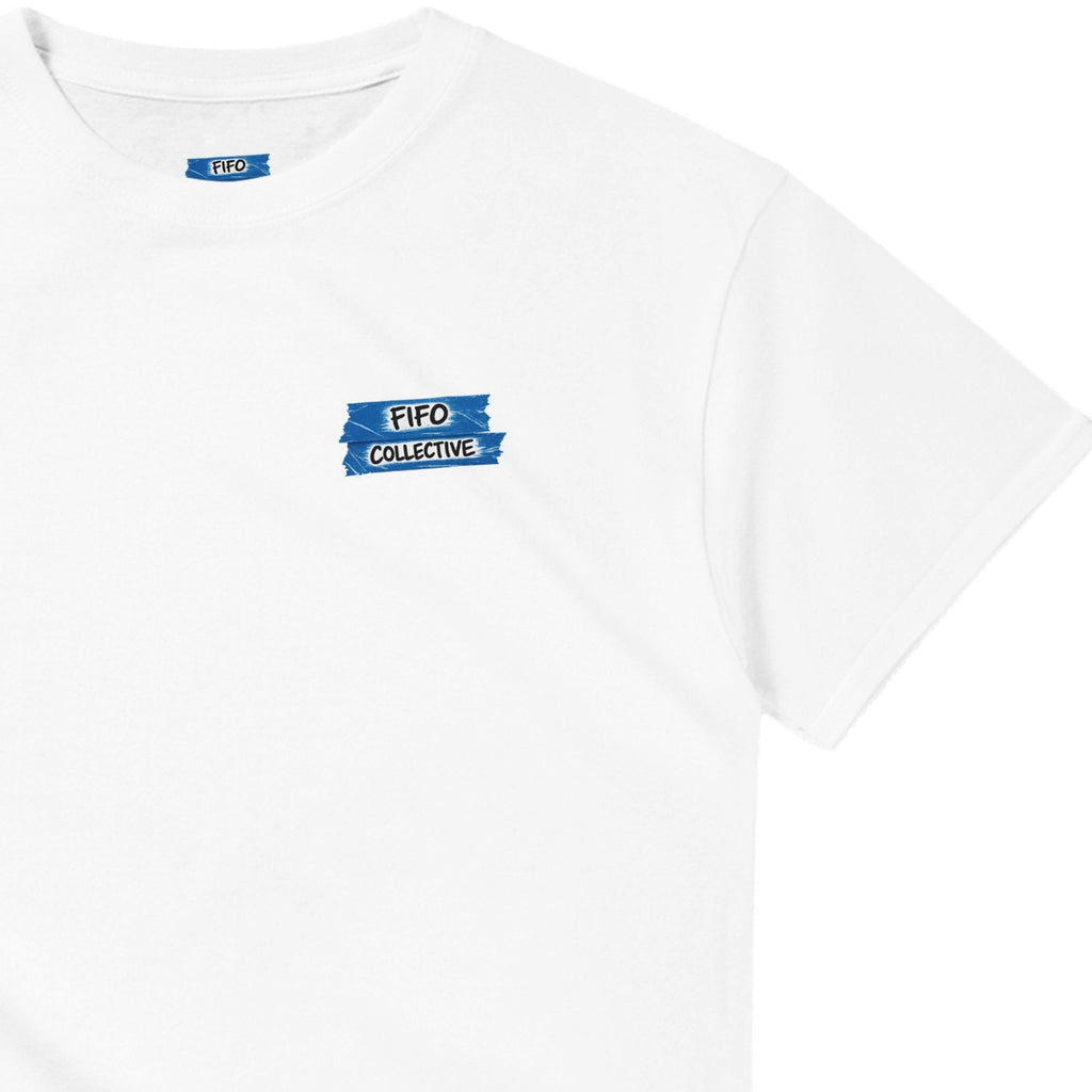 White t-shirt with FIFO Collective logo on the chest against a white background