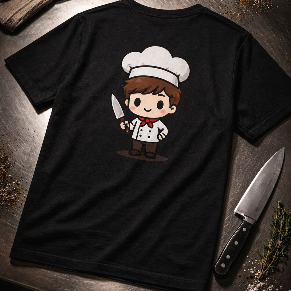 Black t-shirt with a cartoon chef design on a wooden surface with a knife and kitchen towel.