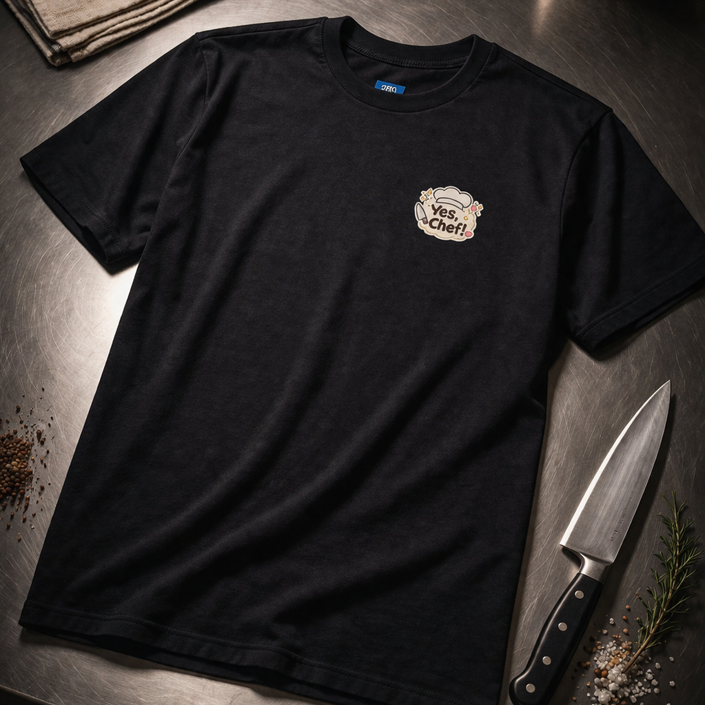 Black t-shirt with a logo on a metal surface with a knife and ingredients.